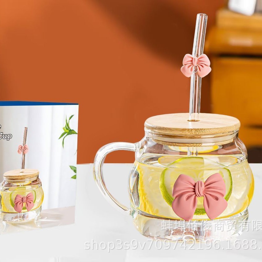 Taza de café de alto valor facial de vidrio transparente con mango de vidrio de alto silicio, taza de paja de hielo de bebidas americanas gordo