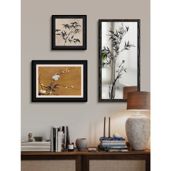 墨竹鏡子裝飾畫法式中國風客廳組合掛畫中古花鳥書房臥室鏡面掛畫