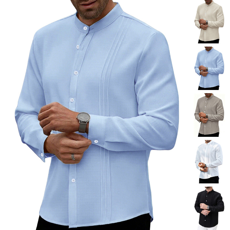 Nuevo transfronterizo Europa y América primavera nuevo hombre cuello a rayas de color sólido camisa de manga larga cardigan americano camisa casual chaqueta