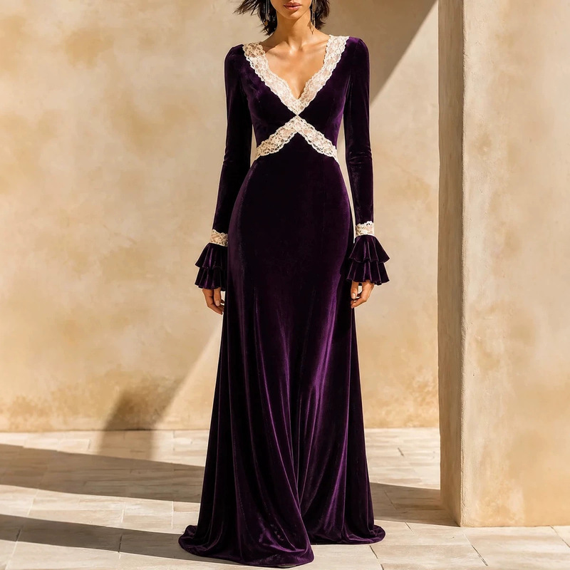 2026 Cross-Border European and American Amazon Autumn/Winter New Women's Lace-Trimmed Velvet Formal Long Dress