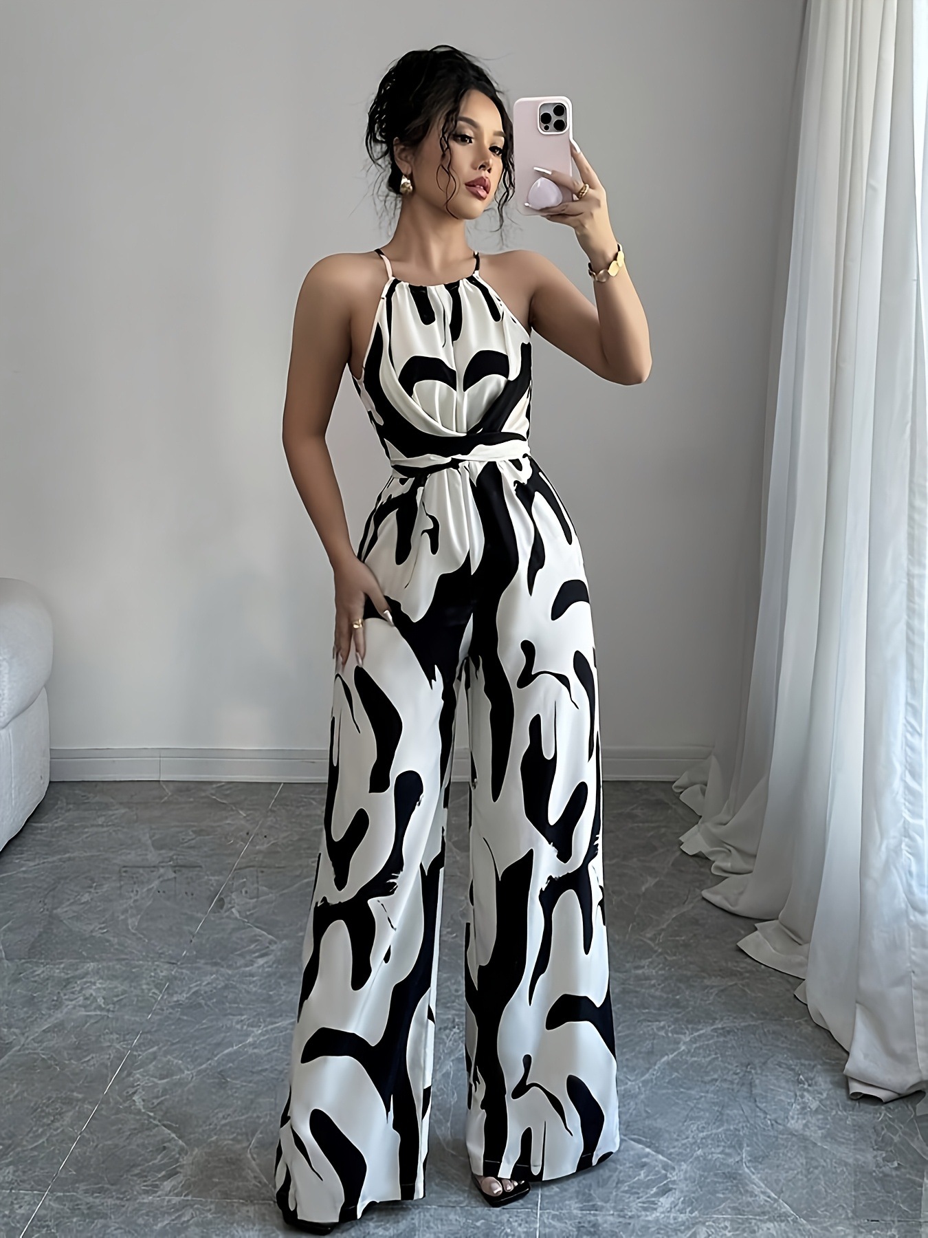 Damen Jumpsuit Mit Milch Muster Druck Halfter Ausschnitt Schwarz_voghion.com