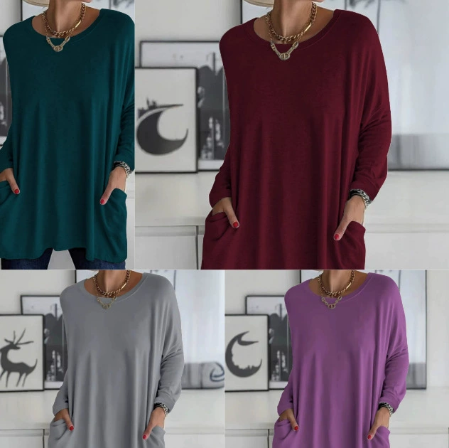 2024 Amazon WISH весна и лето Новый европейский и американский круглый вырез с длинными рукавами свободный карманный сплошной цвет футболка повседневная женская одежда