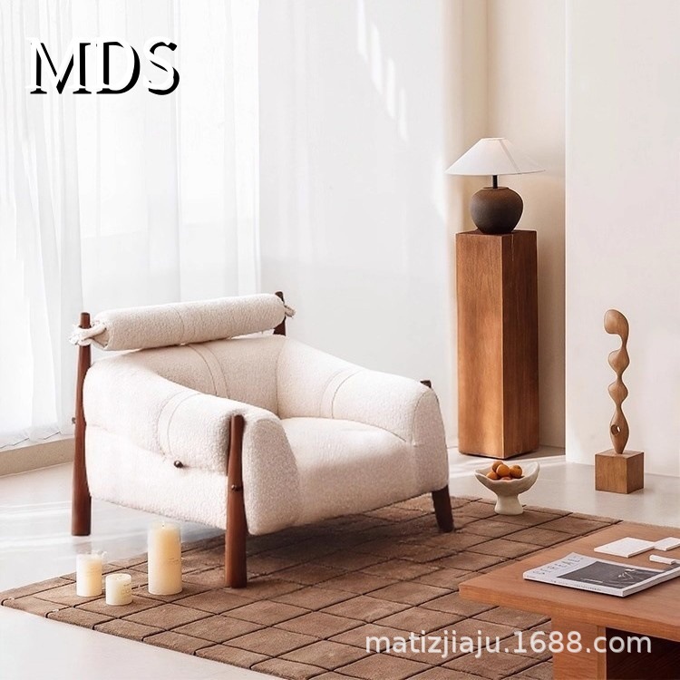 Medieval Style Solid Wood Sofa Living Room Retro Light Luxury Designer Creative Single Sofa Ash Wood Fabric Sofa Chair