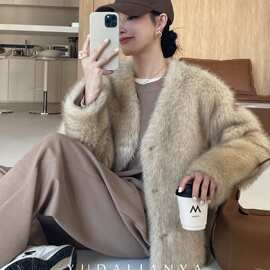 RJF新款托卡狐狸毛外套V领慵懒风貂毛宽松皮草女休闲装饰毛绒冬装
