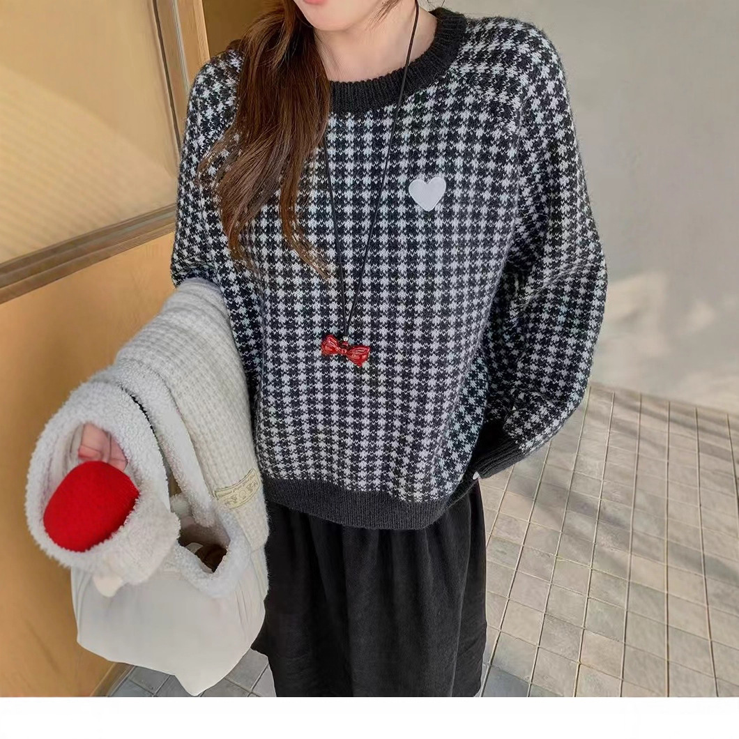 跨境2025新款软妹上衣小香风千鸟格毛衣女秋季慵懒风针织开衫外套