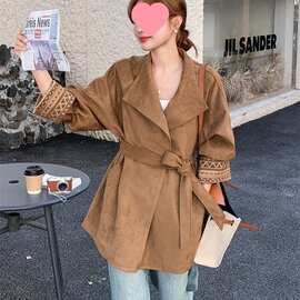 民族风刺绣麂皮绒风衣外套女春秋新款小个子收腰大衣超火