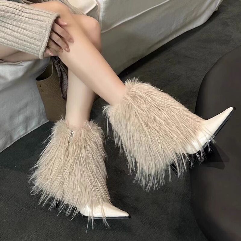 New Fur Boots, Warm Fashion High-Heeled Boots for Women, Autumn and Winter New Pointed Toe High Boots, Snow Boots, Black New Fur Boots, Warm Fashion High-Heeled Boots for Women, Autumn and Winter New Pointed Toe High Boots, Snow Boots, Black