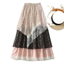 2025夏季新款复古文艺大摆长裙拼接高腰A字蛋糕蓬蓬裙半身裙女