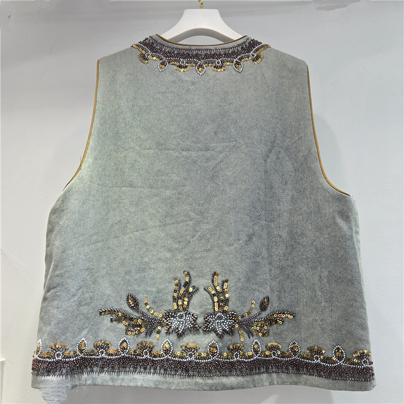 Estación europea de la industria pesada bordada esquinilla clavos chaleco denim de cuello redondo ropa de mujer plegable alta sensación de moda camisa de mujer image 2