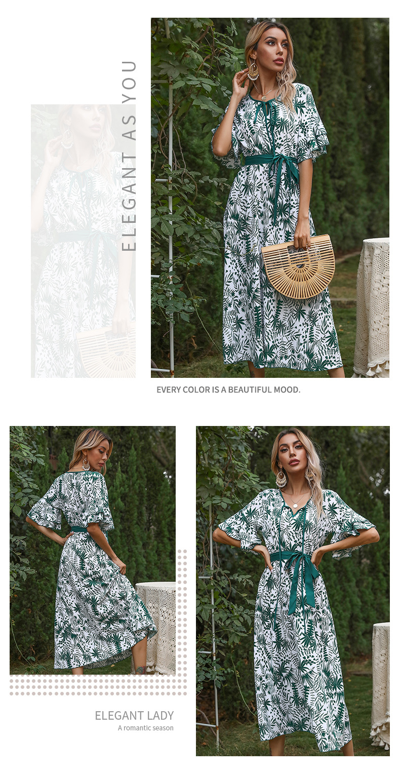 summer new chiffon print v-neck lotus leaf sleeve lace long skirt dress NSYYF61449