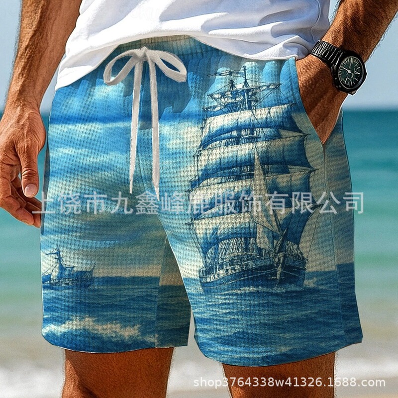 Dropshipping Men's Nautical Sailboat 3D Printed Waffle Sports Casual Drawstring Shorts
