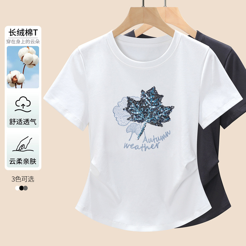 Sequin Embroidered Short-Sleeve T-Shirt for Women, Summer 2026 New Fashion, Pleated Waist-Slimming Round Neck Regular Shoulder Top Trendy Sequin Embroidered Short-Sleeve T-Shirt for Women, Summer 2026 New Fashion, Pleated Waist-Slimming Round Neck Regular Shoulder Top Trendy