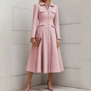 2026欧美 小香风翻领单排扣连衣裙 女收腰大摆气质粗花呢中长外套