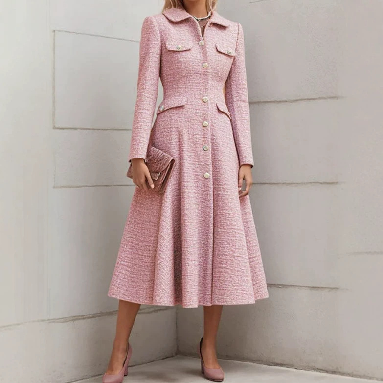 2026 European and American style tweed dress with a small collar and single-breasted design, featuring a fitted waist, a flowing skirt, and a sophisticated tweed mid-length coat