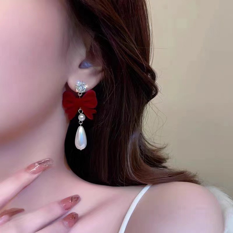 플록 보우 드롭 진주 스터드 귀걸이