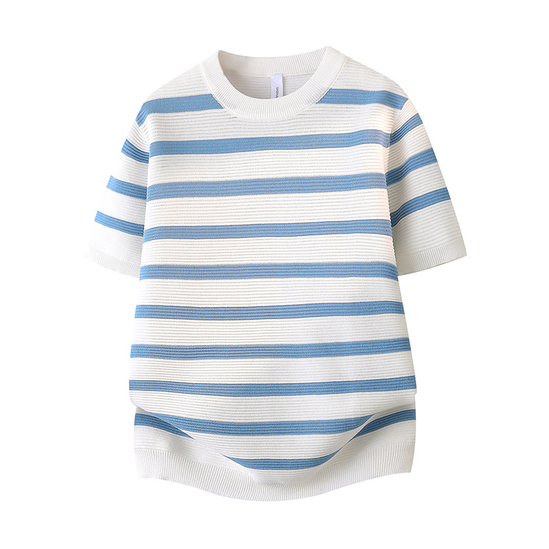 Camiseta de punto a rayas de cuello redondo de manga corta para hombres de color antiguo estilo de negocios de seda de hielo al por mayor fábrica transfronteriza