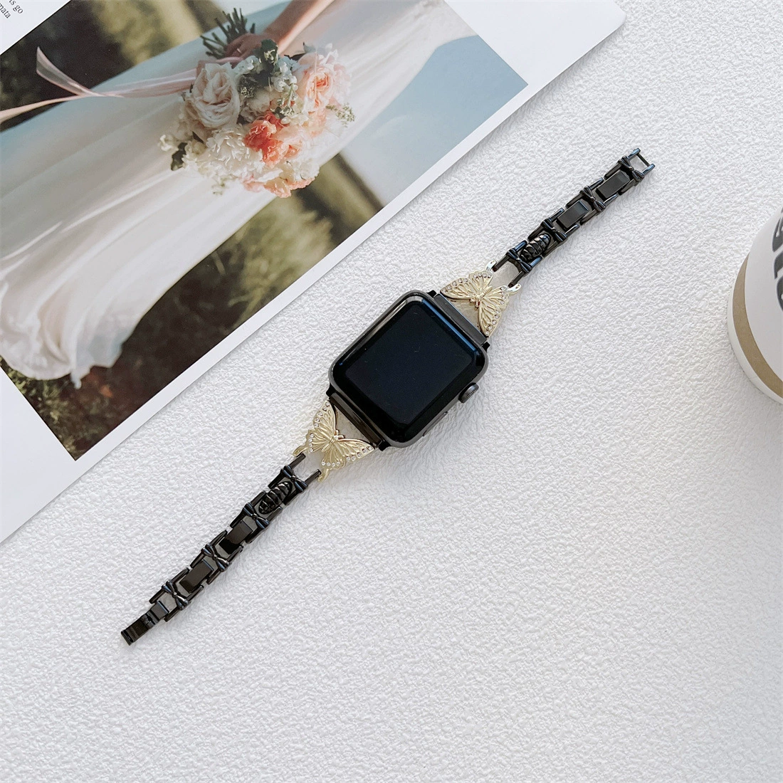 Совместимо с Apple Watch SE, Apple 1–7 поколения, ремешок из металлической цепи в стиле бабочки Hermes H, модный