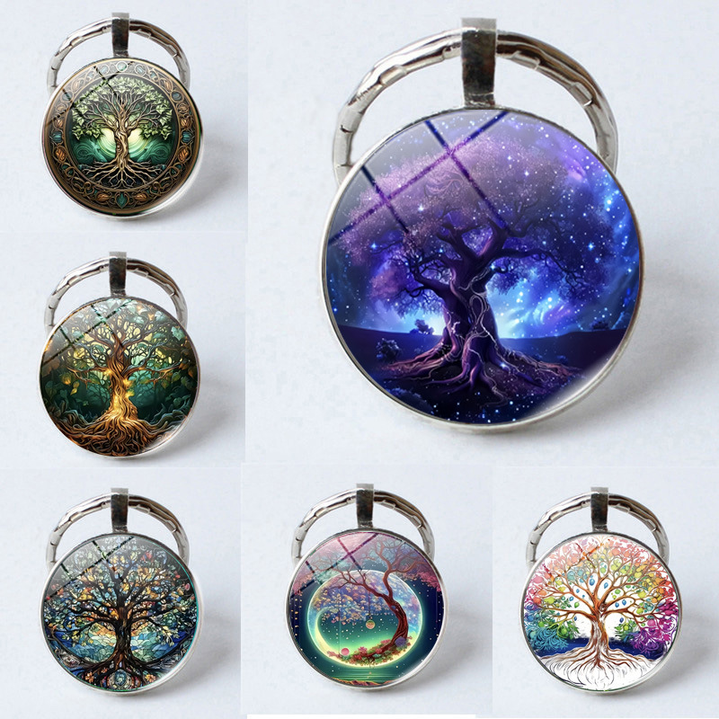Cross-border Fashion New Tree of Life Men's Round Alloy Flower Ring Glass Keychain Gift Jewelry