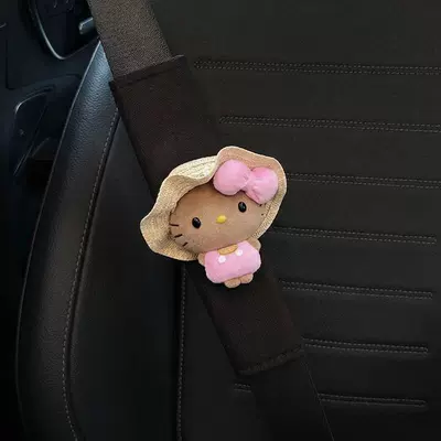Seat belt shoulder pad for Women, Cute and Soft - little-flower-straw-hat-pink-beanie-eyes-kt-standard