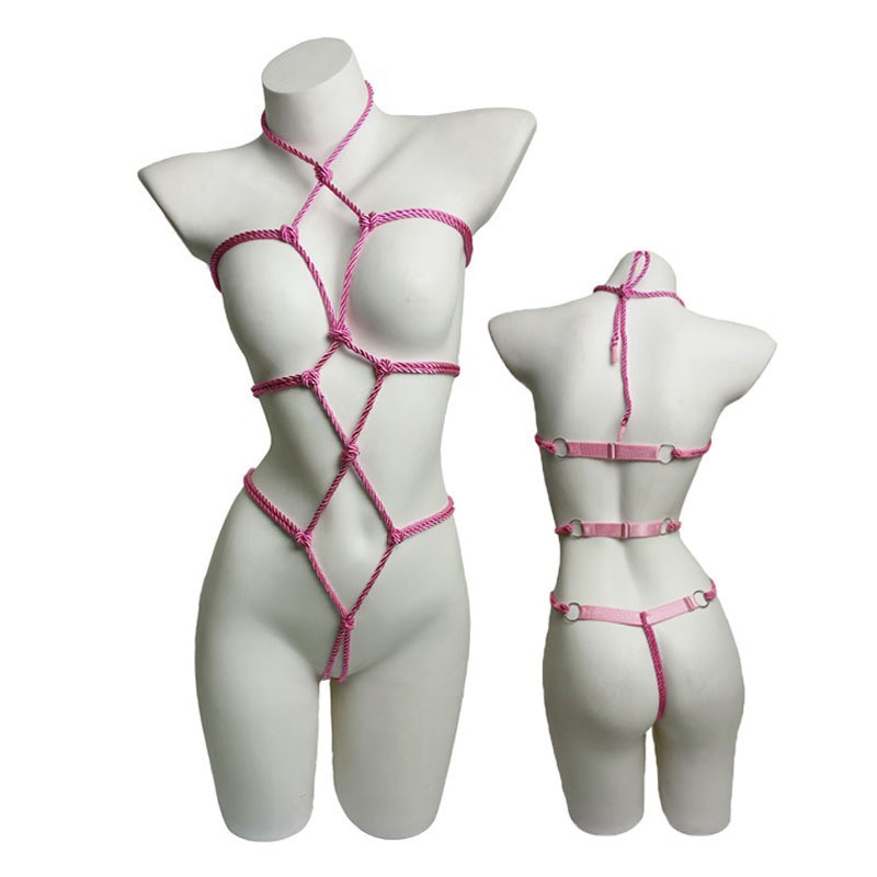 Women’s Sheer Mesh Bodysuit Lingerie Set with Rope Detail, One Size — detail image 3