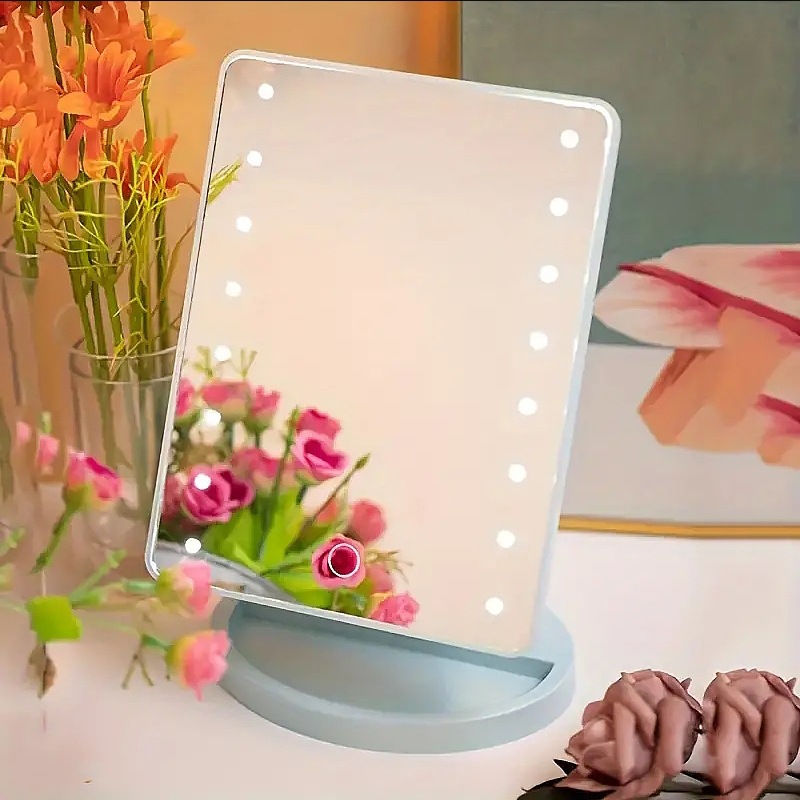 Espejo de maquillaje con luz LED de tres colores, plegable con base, espejo de tocador de escritorio, espejo de tocador con luz, espejo de princesa.
