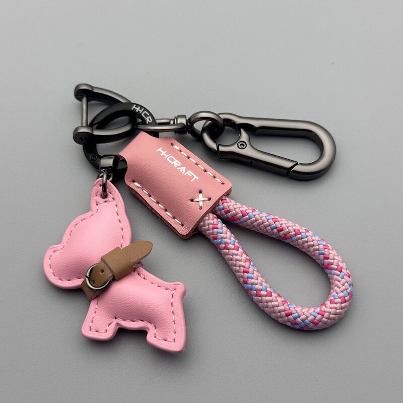 漫画かわいいフレンチブルドッグ子犬キーホルダーペンダント車のキーチェーンリング革手織りロープバッグペンダント|undefined