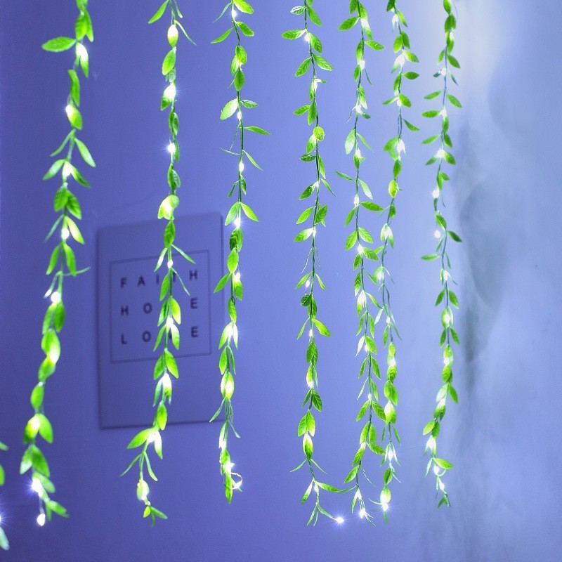 Nuevo producto LED hoja verde caña cable de cobre lámpara cortina USB control remoto decoración doméstica simulación de planta de sauce forma de lámpara string
