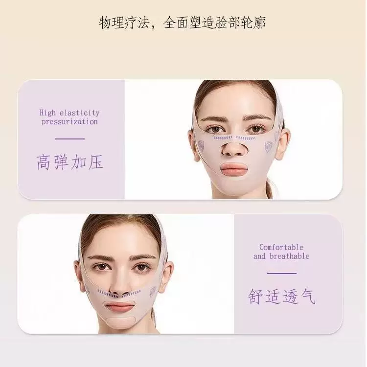 Pulls up elastic bandage for face, night mask, removes double chin
