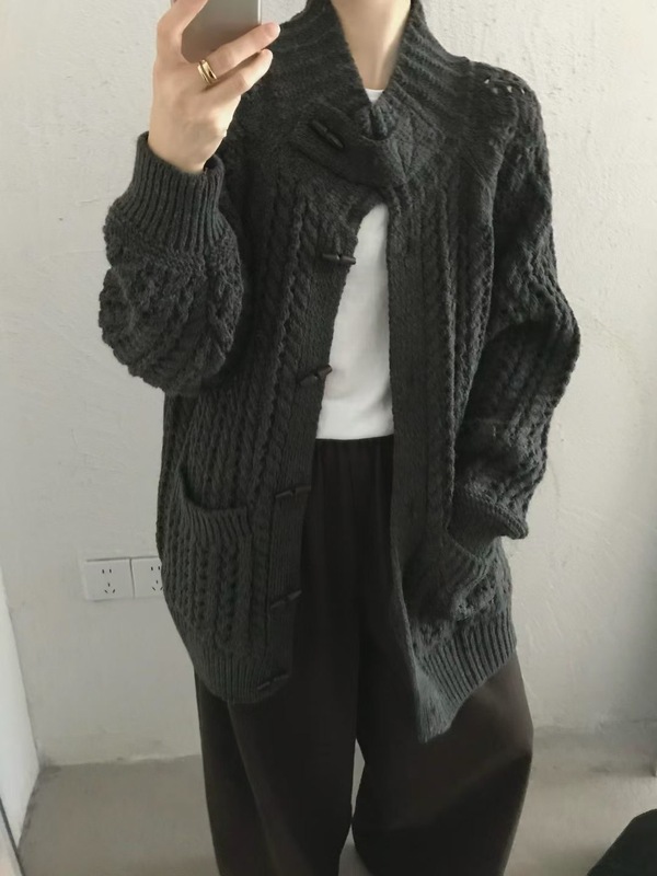 韩系慵懒风复古牛角扣高领针织开衫女秋冬季宽松加厚时尚毛衣外套|undefined