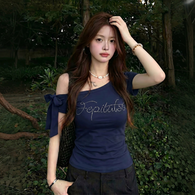 Eleven Sleep Navy Blue Off-Shoulder Top with Straps and Rhinestone Design, Korean Style Off-Shoulder Short-Sleeve T-Shirt for Women, Summer