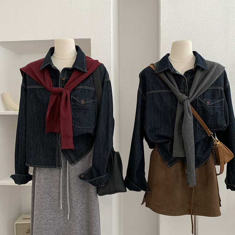 Omalai Autumn New Korean Style Fashion Denim Shirt Jacket Women's Loose Shawl Two-Piece Top 8398