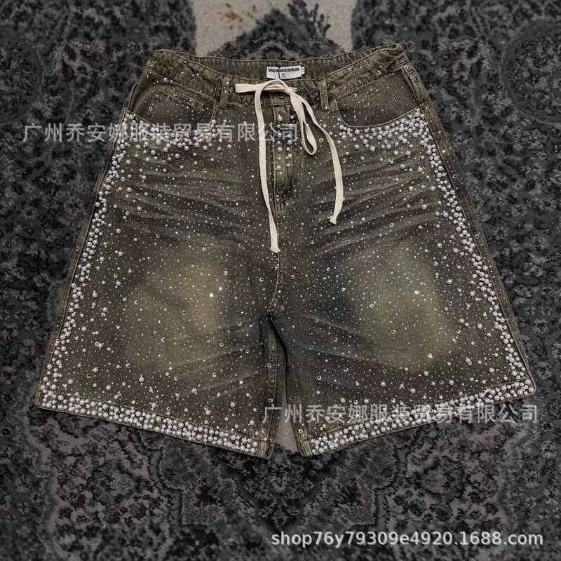 European and American Style Rhinestone-Embellished Denim Shorts, Heavy-Duty Vintage American Retro Loose Straight-Leg Knee-Length Shorts, Wholesale European and American Style Rhinestone-Embellished Denim Shorts, Heavy-Duty Vintage American Retro Loose Straight-Leg Knee-Length Shorts, Wholesale