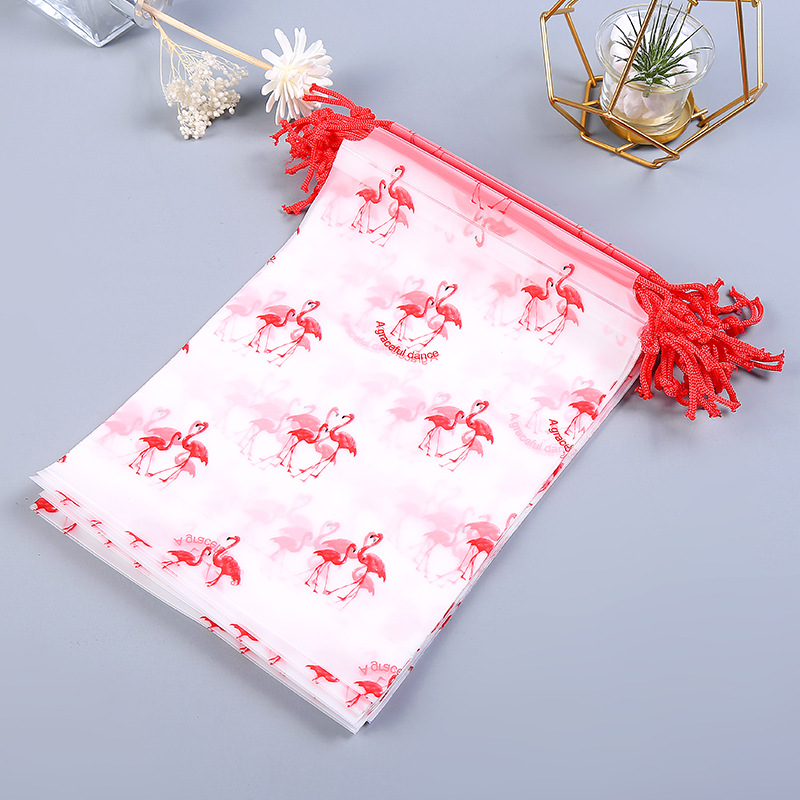 PE磨砂穿绳束口袋 火烈鸟透明磨砂拉绳袋包装袋自封袋大量批发