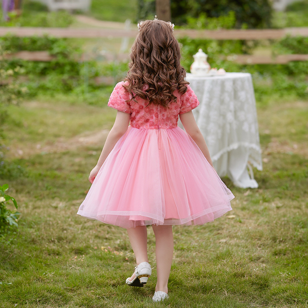 Vestido formal europeo y americano para niñas, vestido de princesa, vestido con mangas abullonadas, vestido de actuación, vestido de princesita con lazo para niñas pequeñas