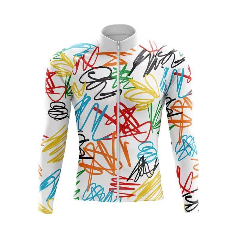 Autumn and Winter Cycling Clothing Men's Road Bike Cycling Sportswear Slim Breathable Cold-Proof Graffiti Long-Sleeved Flap Pocket Pants Top