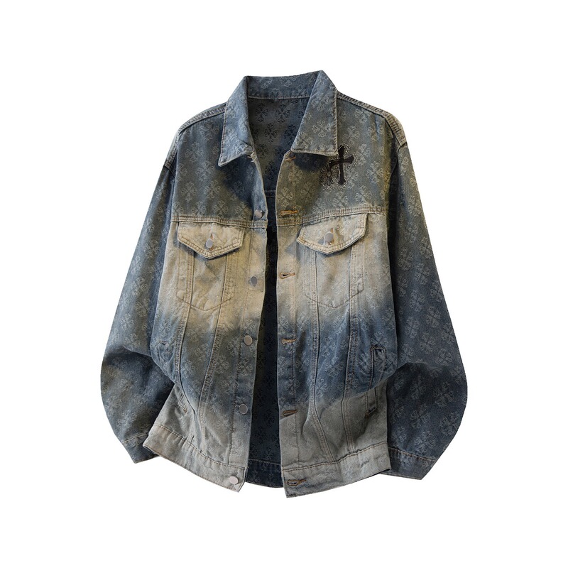 【Rhinestone Jacquard】Spring and Autumn National Trend Washed Jacket with Cross Rhinestones Loose Jacquard Denim Jacket for Men and Women 【Rhinestone Jacquard】Spring and Autumn National Trend Washed Jacket with Cross Rhinestones Loose Jacquard Denim Jacket for Men and Women