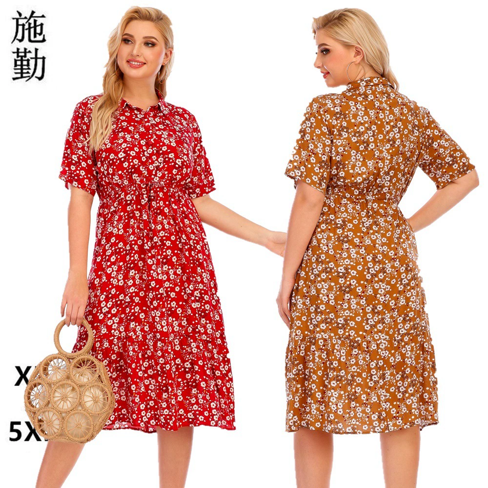 Amazon, новое летнее женское платье больших размеров с короткими рукавами и воротником из искусственного шелка с принтом SQ0170