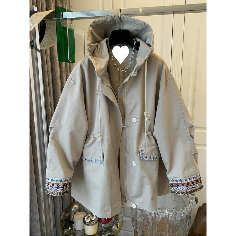 民族风刺绣连帽风衣外套女装宽松百搭中长款2025春秋新款今年流行