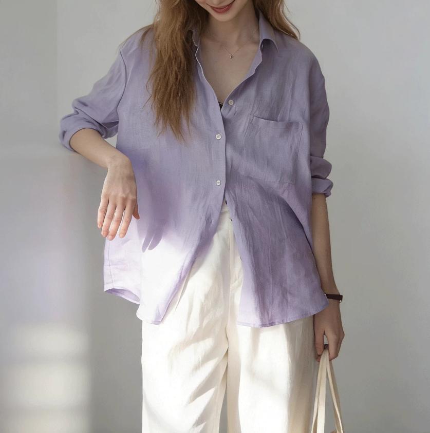 Áo sơ mi nữ tay dài phong cách nhẹ nhàng chất cotton linen rộng rãi — Màu tím nhạt chi tiết 3
