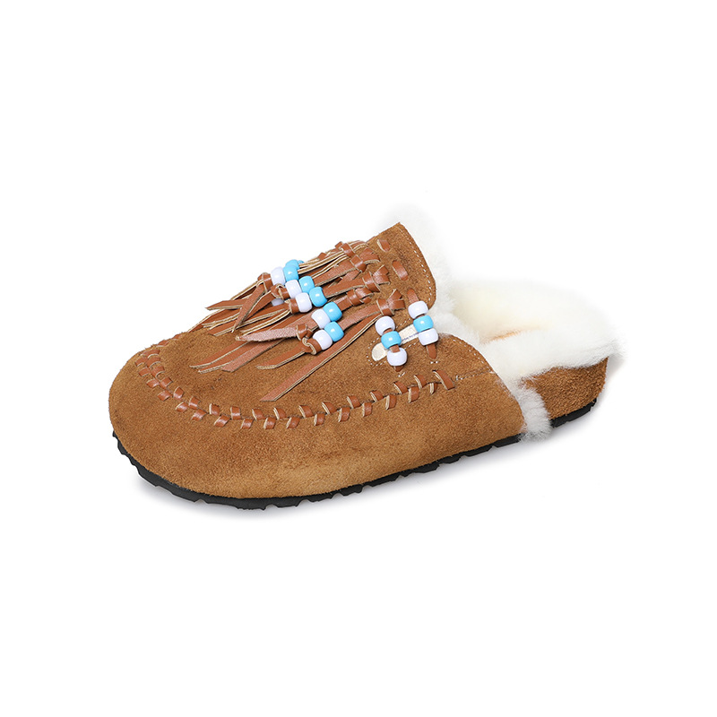 Guốc lười lông dày nữ mũi tròn kiểu Birkenstock có tua rua và hạt — màu nâu