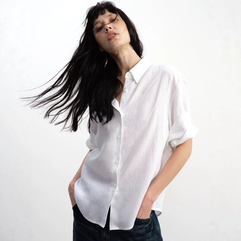 Joaesar Woman Tencel Linen Rolled-Edge Short-Sleeved Shirt with Textured Feel, Loose and Relaxed White Shirt