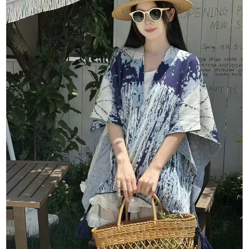 新款波西米亚民族风披肩欧美时尚加厚仿羊绒斗篷两用几何流苏围巾|undefined