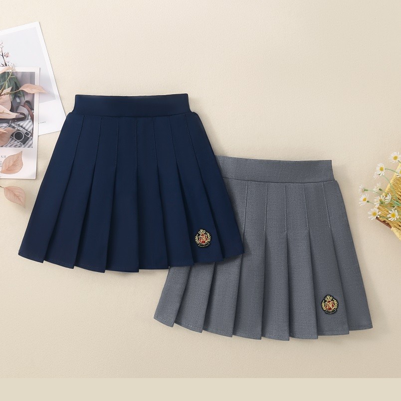 藏青色半身裙7女童春夏款学院风jk西装百褶裙高腰短裙小女孩A字裙