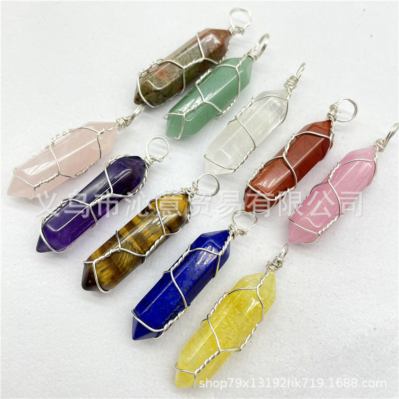 Comercio exterior caliente bobina hexagonal columna colgante collar de cristal natural hecho a mano de plata hilo bala joyería al por mayor