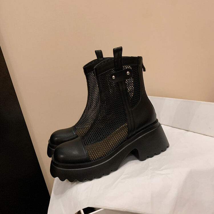 Boot nữ cổ cao đế dày gót bánh xốp da bò lưới thoáng khí xuân hè 2024 — Màu đen, Màu trắng be chi tiết 123