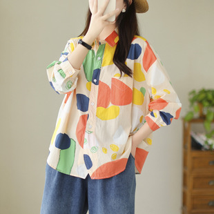 Women's Designer Shirts and Tops 2025 New Korean Style Commuter Arc Hem Painted Graffiti Print Long Sleeve