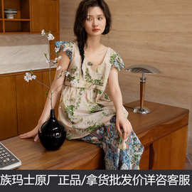 族玛士夏季短袖睡衣女纯棉碎花大码宽松家居服套装春夏薄款170