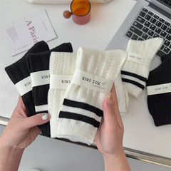 2023春夏款襪子女棉質二槓麻鏤空女士中筒襪
