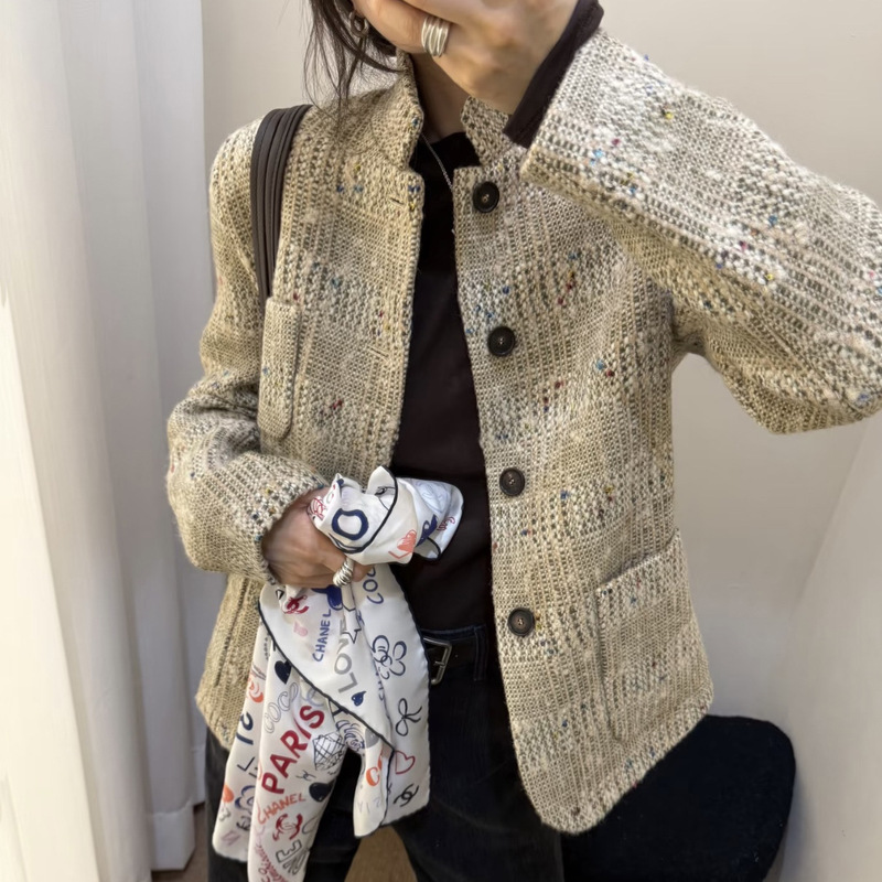 Shenzhen Nanyou Wool Tweed Commuter Jacket for Women 2025 Winter Stand Collar Woolen Woven Versatile Plaid Jacket
