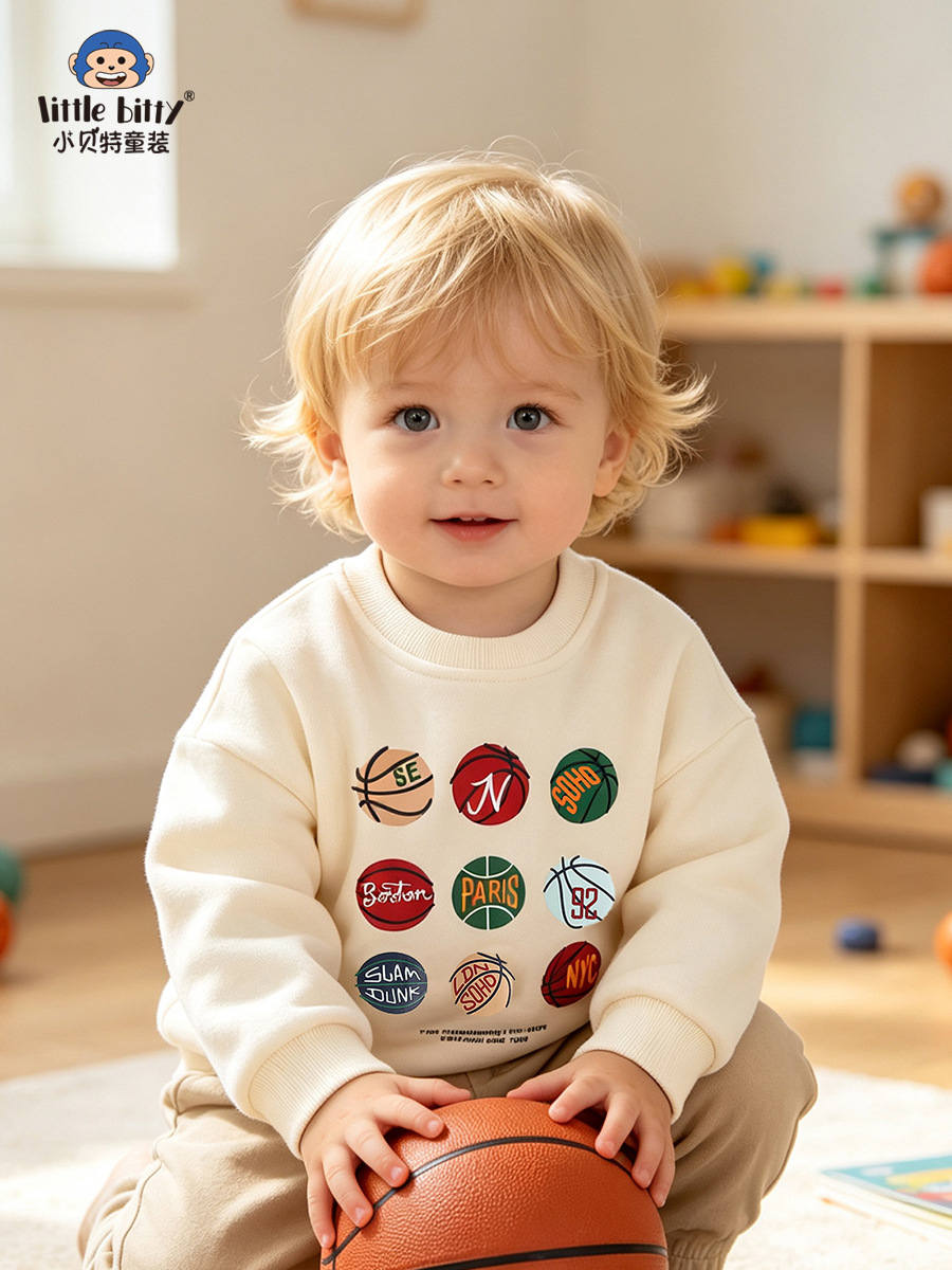 Cross-border supply 2026 children's autumn sweatshirt, fashionable European and American basketball round-neck printed boys' sweatshirt, in-stock children's clothing